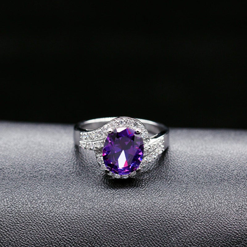 Uloveido Women Platinum Plated Simulated Purple Oval Amethyst February Birth Stone Solitaire Engagement Wedding Rings Dainty (Size 7) J334 - Image 4